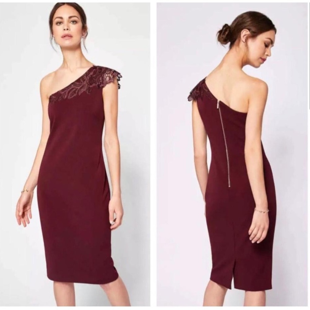Ted Baker Lace One Shoulder Dress Maroon